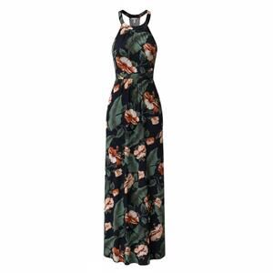 Aakaa Floral Halter Maxi Dress M Green Tropical Print Summer Vacation Resortwear